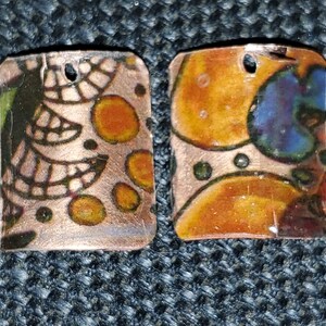 Colorful Copper Rectangle Earring Components with Abstract Overlay, Hand-Crafted Jewelry Charms, Handmade Jewelry Components