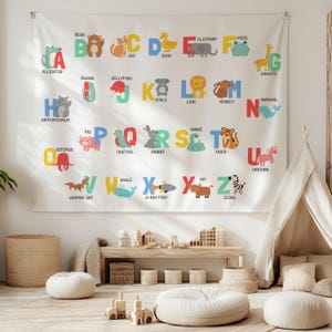ABC Tier Wandteppich, Baby Alphabet Banner, Kinderzimmer Dekor, Kindergarten Wandbehang, Vorschule Kunst, Montessori ABC Dekor