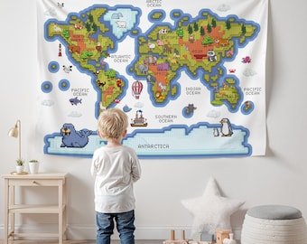 Tapeçaria Mapa Mundi Animal em Pixel Art – Decoração Educativa para Crianças