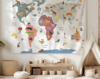 Tapeçaria com Mapa-múndi Animal: Decoração de Quarto Infantil em Algodão Orgânico