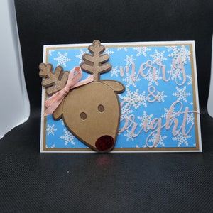 Large 5 x 7 Christmas Handmade Greeting Card- Reindeer with ribbon &quot;merry and bright&quot;