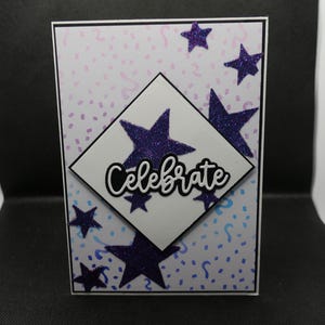 Birthday/Celebration Handmade Greeting Card- Celebrate Glittery Stars Purple/Pink