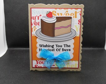 Birthday Handmade Greeting Card- Birthday Cake Brown Background, Cake, and Strawberry