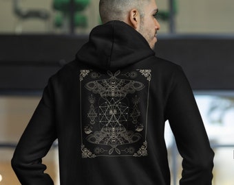 Luna Moth Sacred Geometry Pullover Unisex Hoodie, Emo Hoodies for Men, Alternative Black Hoodie for Men and Women, Unique Gothic Hoodie