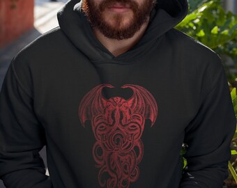 Great Cthulhu Mens Pullover Hoodie, Gothic, Horror Lovers, Gift for Him, Squid Tee, Lovecraft Inspired, Octopus Dragon, Graphic Hoodie