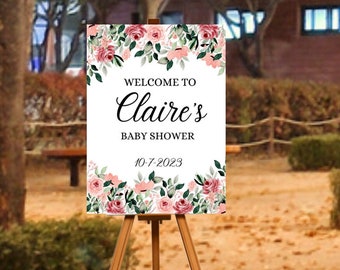 Floral Baby Shower Welcome Sign with bright pink and light pink flowers, Girl Baby Shower, Welcome Sign, Baby Shower Decorations