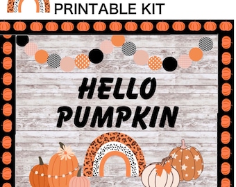 May include: Printable bulletin board kit with a fall theme. The kit includes a "Hello Pumpkin" sign, a leopard print rainbow, and pumpkins with different patterns. The background is a woodgrain pattern.