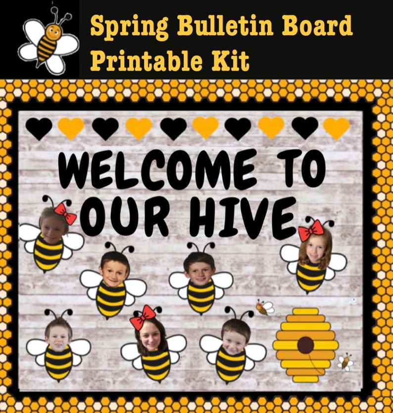 Spring Bulletin Board Printable Kit, Classroom door, Bumble Bee Bulletin Board, Welcome to Our Hive Class printables, bumble bee classroom image 1