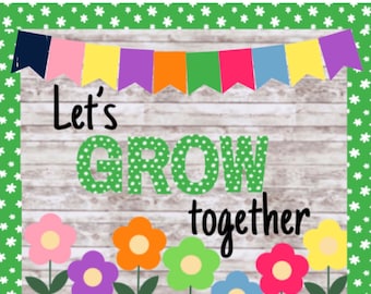 Spring Bulletin Board Printable Kit, Let’s Grow Together flower bulletin board, classroom door decor, back to school bulletin board