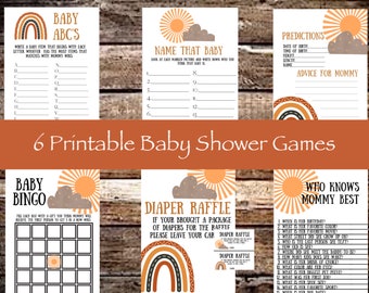 Baby Shower Games, Boho Baby Shower, Printable Baby Shower Games, Sun and Rainbow, Baby Bingo, Baby Boy, Baby Girl, Sunshine, Boho Sun