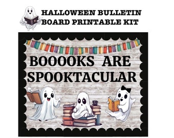 May include: A printable bulletin board kit with a Halloween theme. The kit features a white wooden background with the text "BOO00KS ARE SPOOKTACULAR" and three ghosts reading books.