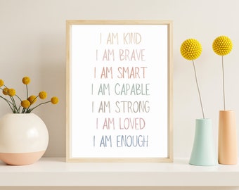 I Am Affirmation, Affirmations for Kids, Daily Affirmations, Playroom Poster, Nursery Wall Art, Classroom Poster, Playroom Poster, I am Kind