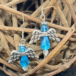 Precious Turquoise Crystal Silver Angel Dangled Earrings/Handmade/for any occasion/Free Shipping