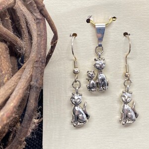 May include: Silver cat earrings and a necklace with a mother and kitten design. The earrings are dangle style with a silver cat charm. The necklace features a silver charm of a mother cat and a smaller kitten.