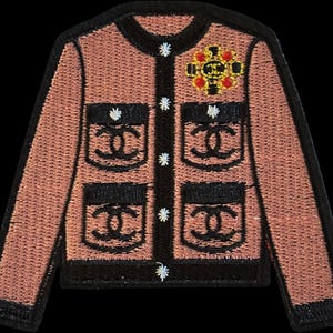 Designer Inspired Pink Cardigan Patch Small 3/4" Embroidered Iron On Applique for Jackets Purses DIY Fashion Luxury Style CC Logo Badge Pink