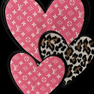 Large 10-11" Iron On Heart Patch Set, Pink Monogram & Leopard Print Embroidered Applique, DIY Upcycled Fashion Jacket Back Patch, Luxury Art