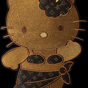 Large 10-11 Inch Hula Girl Cat Embroidered Patch, Gold Designer Inspired Iron On for Jackets, Retro Cartoon Hibiscus Flower Sew On Applique