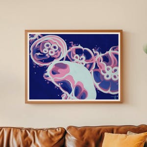 Jellyfish Art Print: Bioluminescent Moon Jellies Illustration, Abstract Dark Ocean Poster (11x14 Giclée Print)