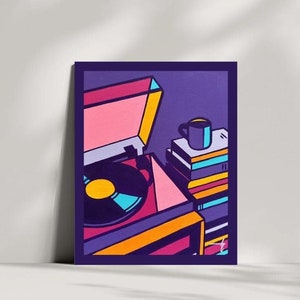 Stampa artistica dal dipinto acrilico astratto originale, "Necessities" di Teresa Treen, con musica, caffè e libri