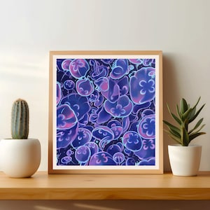 Jellyfish Art Print - Bioluminescent Moon Jellies | Jellyfish Poster | Blue Ocean Poster | Jellyfish Wall Art | Beach House Decor - 12x12