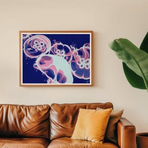 Jellyfish Art Print - Bioluminescent Moon Jellies | Abstract Jellyfish Decor | Dark Ocean Illustration | Pink & Blue Sea Life Poster - 11x14