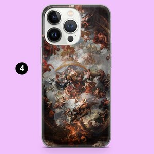May include: A phone case featuring a classical painting with figures, clouds, and a warm color palette. The case has a clear border and a black number 4 in the upper left corner. The artwork depicts a scene with many people.