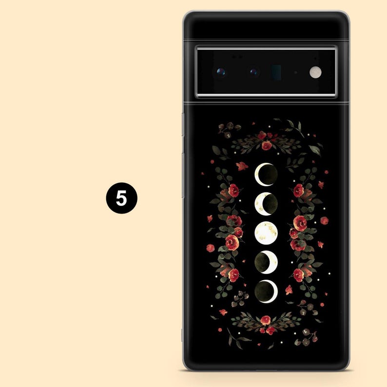 May include: Black phone case featuring a floral design with red roses and a crescent moon phase illustration. The case has a glossy finish and a camera cutout at the top.
