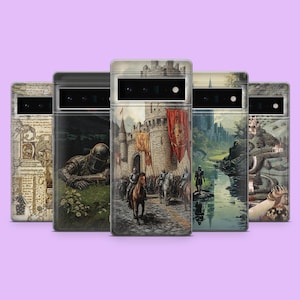 May include: A collection of phone cases with medieval-themed artwork. The designs include a knight, a castle scene with soldiers, a river landscape, and an old map. The cases are displayed against a light purple background.