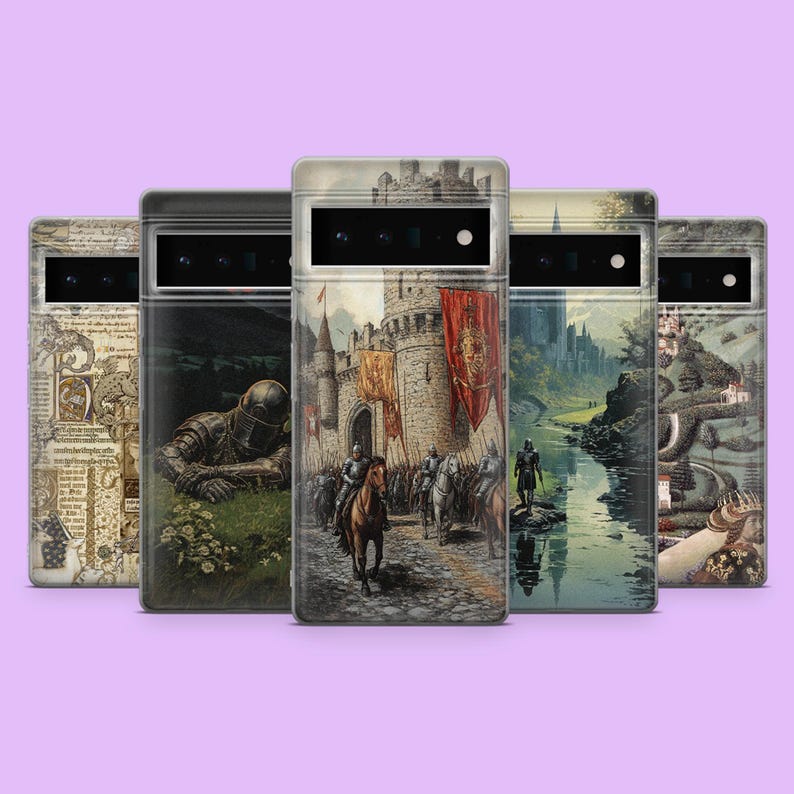 May include: A collection of phone cases with medieval-themed artwork. The designs include a knight, a castle scene with soldiers, a river landscape, and an old map. The cases are displayed against a light purple background.