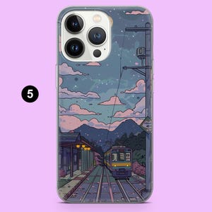 May include: A phone case featuring an anime-style illustration of a train station at dusk. The artwork depicts a train on tracks, a station platform, and a starry sky with pink and blue hues. The case has a clear border.
