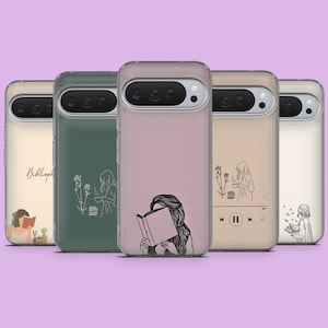 May include: A collection of five phone cases in various colors, each featuring a unique illustration. Designs include a person reading, flowers, and a music player interface. The cases are in shades of pink, green, and beige.