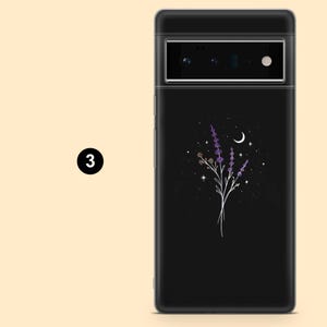 May include: Black phone case with a floral design featuring purple lavender, stars, and a crescent moon. The case has a sleek, modern design and a camera cutout. The number "3" is in a black circle on the left.