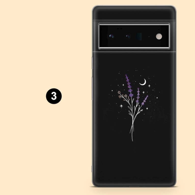 May include: Black phone case with a floral design featuring purple lavender, stars, and a crescent moon. The case has a sleek, modern design and a camera cutout. The number "3" is in a black circle on the left.