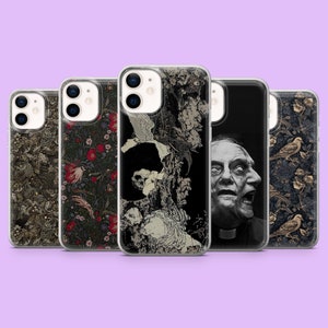 May include: Five phone cases with different designs. The cases display floral patterns, a monochrome portrait of a man, and abstract illustrations. The cases are transparent with the designs printed on the back.