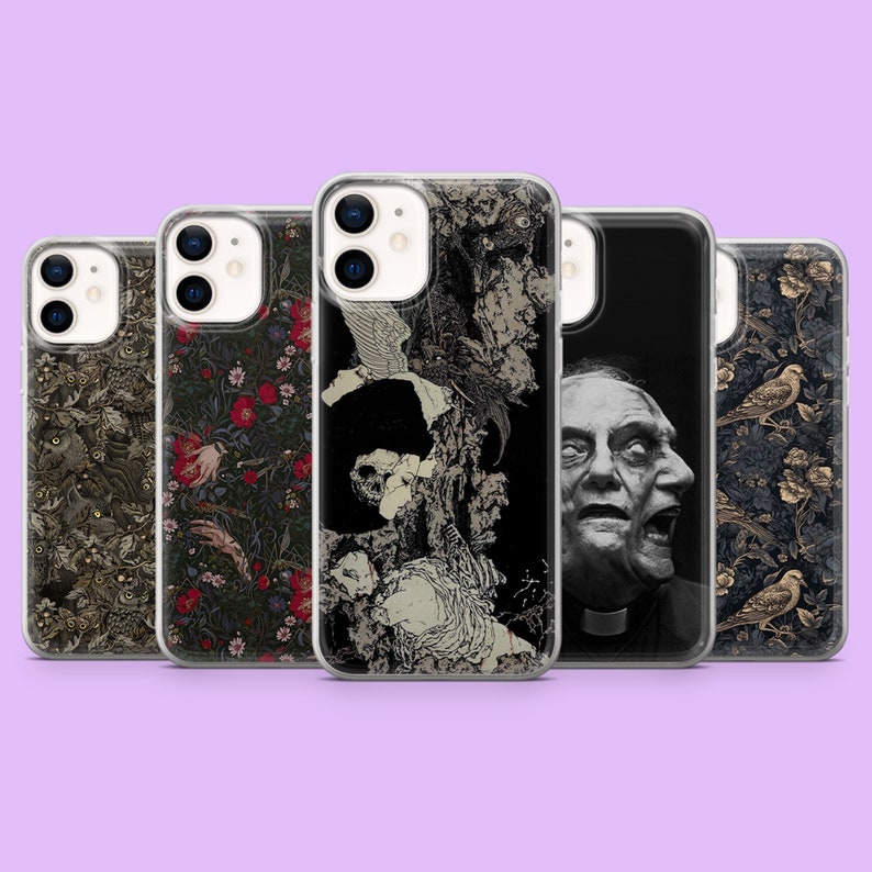 May include: Five phone cases with different designs. The cases display floral patterns, a monochrome portrait of a man, and abstract illustrations. The cases are transparent with the designs printed on the back.