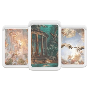 May include: Three rectangular white protective cases for electronic devices, each featuring a different classical art print. The left case shows a celestial scene, the center case depicts a classical temple by a pool, and the right case shows hands.