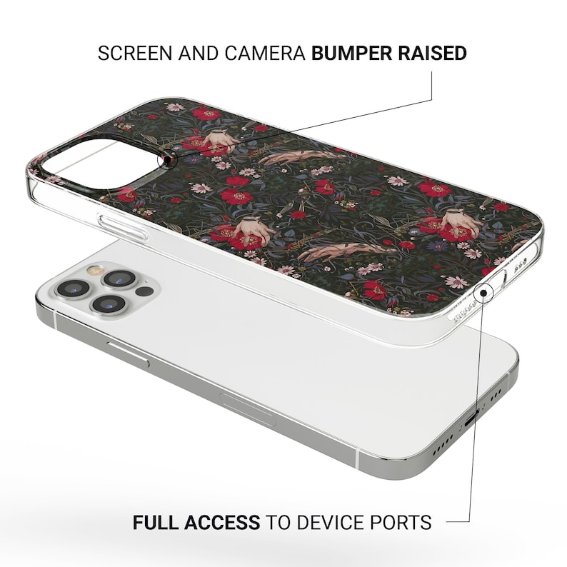 May include: A clear phone case with a dark floral pattern featuring red flowers and hands. The case is designed to protect the phone with a raised screen and camera bumper. The text on the image says "SCREEN AND CAMERA BUMPER RAISED" and "FULL ACCESS TO DEVICE PORTS".