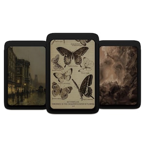 Puede incluir: Un conjunto de tres fundas negras para teléfono. La funda central presenta una ilustración de mariposas vintage con nombres científicos. La funda izquierda muestra una escena callejera y la derecha un cielo nublado.