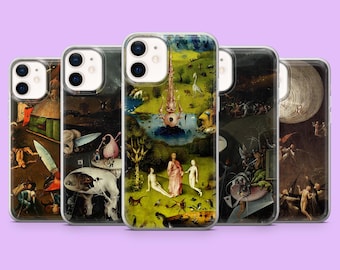 May include: A collection of five phone cases featuring artwork by Hieronymus Bosch. Each case displays a different section of a painting, showcasing figures, landscapes, and surreal elements in a variety of colors. The cases are made of clear plastic.