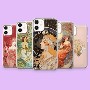 May include: Five phone cases with Art Nouveau illustrations of women. The cases display a range of colours, including red, green, orange, and gold, with detailed floral and celestial designs. Each case has a unique design, with a different image on each.