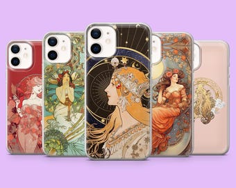 Funda de teléfono con pintura Art Nouveau de Alphonse Mucha para iPhone 17, 17Pro, 16, 15, 14, 13, 12, Samsung S25, S24, S23, A16, A56 y Pixel 10Pro