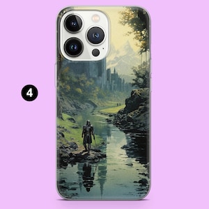 May include: A phone case featuring a fantasy landscape with a warrior walking along a river towards a castle. The artwork depicts a medieval scene with mountains, trees, and a reflective river. The case has a clear border and the number 4 in a black circle.