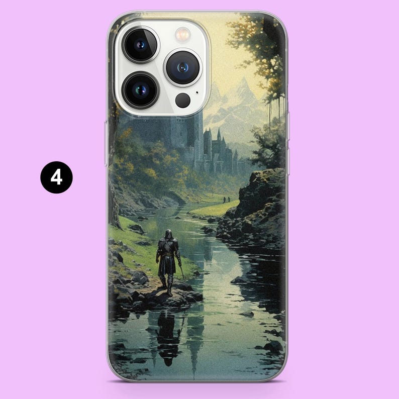 May include: A phone case featuring a fantasy landscape with a warrior walking along a river towards a castle. The artwork depicts a medieval scene with mountains, trees, and a reflective river. The case has a clear border and the number 4 in a black circle.