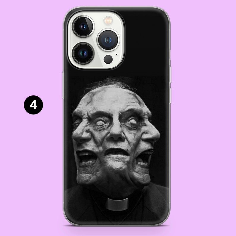 May include: Black iPhone case with a monochrome image of a man with three faces, each showing a different expression. The number "4" is in a white circle in the upper left corner.