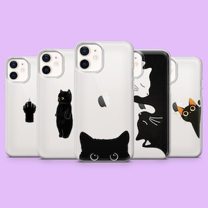 Coque transparente chaton chats noirs pour iPhone 16, 15, 14, 13, 12, Samsung S25Ultra, S24, S23FE, S22, A16, A55, A25, Pixel 9Pro, 8
