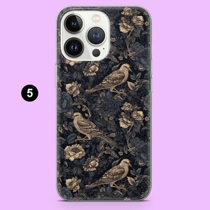 May include: A phone case with a dark floral and bird design. The pattern features detailed illustrations of flowers and birds in black, grey, and beige. The number "5" is visible in a white circle.