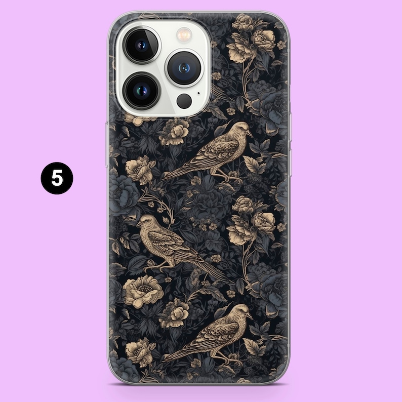 May include: A phone case with a dark floral and bird design. The pattern features detailed illustrations of flowers and birds in black, grey, and beige. The number "5" is visible in a white circle.