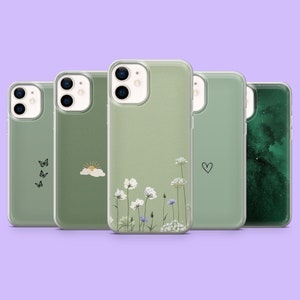 Green Minimalist Phone Case Floral aesthetic Simple Cover for iPhone 15, 14, 13, 12, 11, Samsung S24, S23FE, S22, A15, A54, A25, A14,Pixel 8