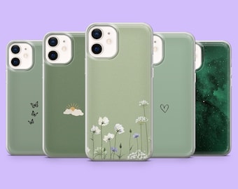 Green Minimalist Phone Case Floral aesthetic Simple Cover for iPhone 15, 14, 13, 12, 11, Samsung S24, S23FE, S22, A15, A54, A25, A14,Pixel 8