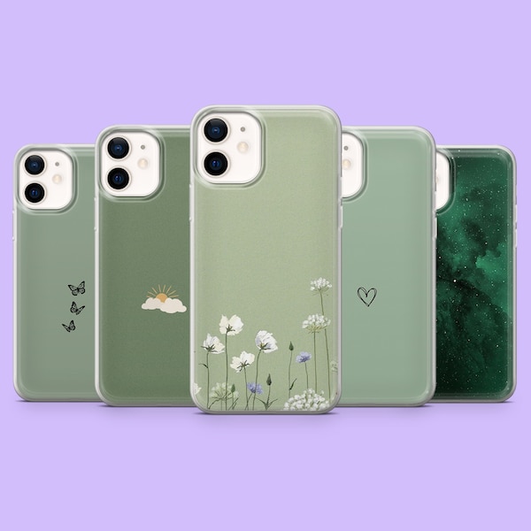 Grüne Minimalist Handy Hülle Floral ästhetische einfache Abdeckung für iPhone 15, 14, 13, 12, 11, Samsung S24, S23FE, S22, A15, A54, A25, A14,Pixel 8